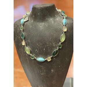 ANNE KLEIN SILVER GREEN FAUX TURQUOISE BLUE CABOCHON STONES 15-19" NECKLACE EUC